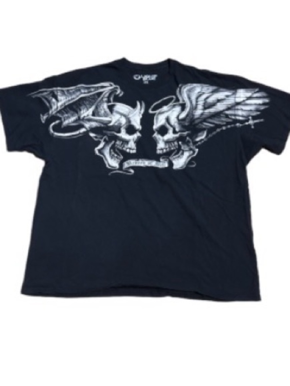 Liquid Blue Black vintage  Short Sleeve Tee with White Skull Angel Wings Graphic